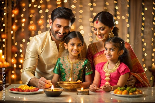 Happy Indian Family Celebrating Diwali at Home with Traditional Attire with oil lamps