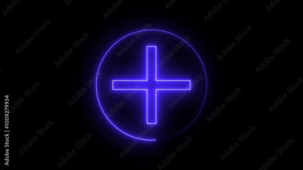 Plus icon neon animation inside a neon circle. Glowing neon sign plus animation on black background. Plus icon neon animation inside a neon circle. Glowing neon sign plus animation on black background.