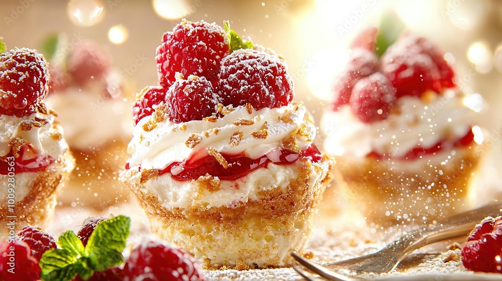   Table topped with cupcakes, frosted and garnished with raspberries and powdered sugar