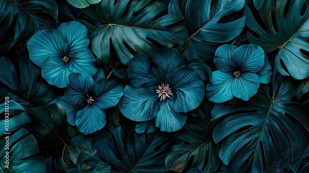 A close-up of a collection of leaves with a blue flower at the center and a green flower at the focal point in the photograph A close-up of a collection of leaves with a blue flower at the center and a green flower at the focal point in the photograph
