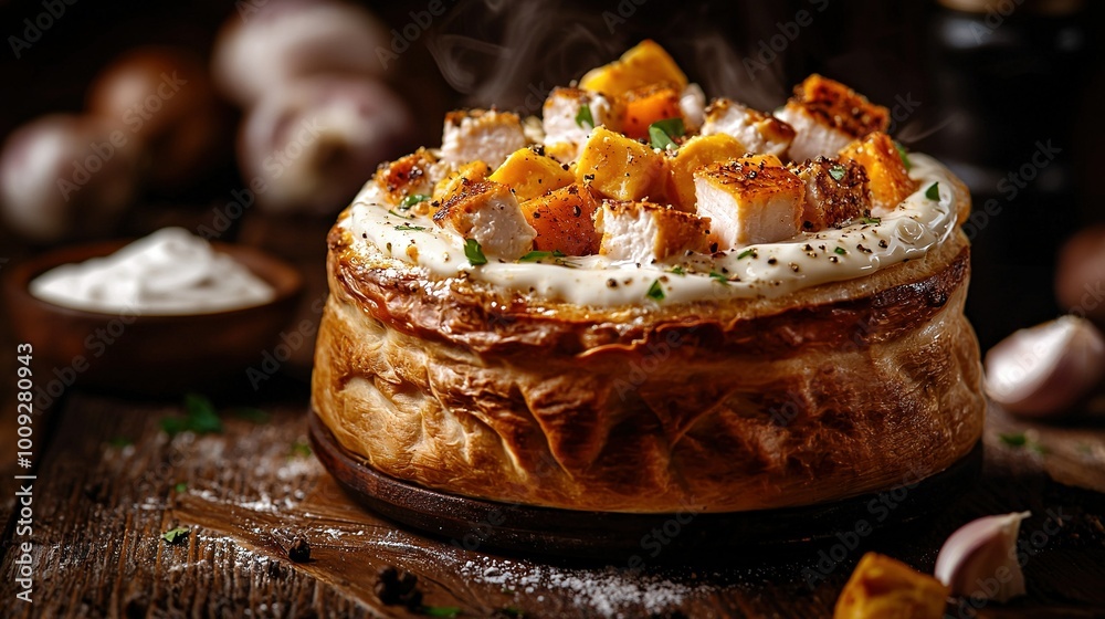 Φωτογραφία A close-up shot of a loaf of bread on a table with a bowl of onions and other