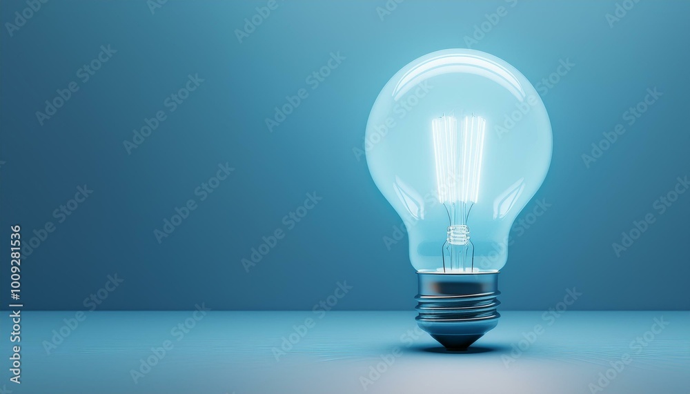 A light bulb is lit up and shining brightly on a blue background A light bulb is lit up and shining brightly on a blue background