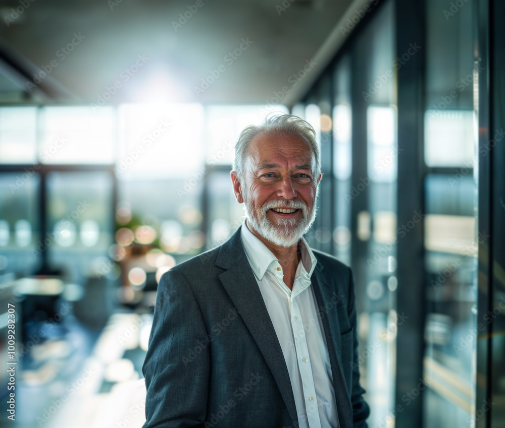 Smiling successful senior business man in his 60s standing casually inside a modern office Smiling successful senior business man in his 60s standing casually inside a modern office