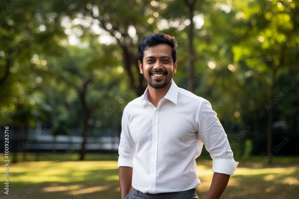 Portrait of a blissful indian man in his 30s wearing a classic white shirt isolated on vibrant city park Portrait of a blissful indian man in his 30s wearing a classic white shirt isolated on vibrant city park