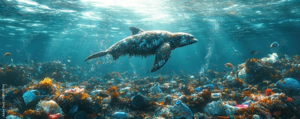 Fototapeta premium A dolphin swims through a sea filled with plastic waste.