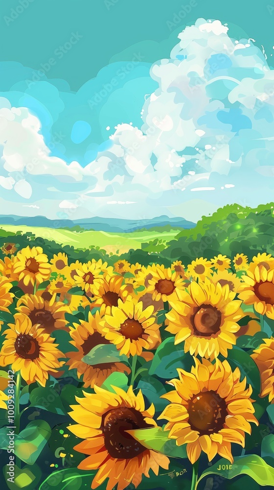 Obraz premium Sunflowers stretch towards the sky in this bright and cheerful landscape, representing hope and growth, with their golden petals glowing under the sunlight