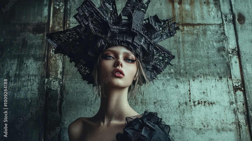 An unconventional fashion photoshoot featuring a model with exaggerated, architectural headwear, posed in front of a stark, industrial-style background An unconventional fashion photoshoot featuring a model with exaggerated, architectural headwear, posed in front of a stark, industrial-style background