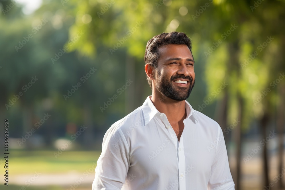 Portrait of a blissful indian man in his 30s wearing a classic white shirt on vibrant city park Portrait of a blissful indian man in his 30s wearing a classic white shirt on vibrant city park