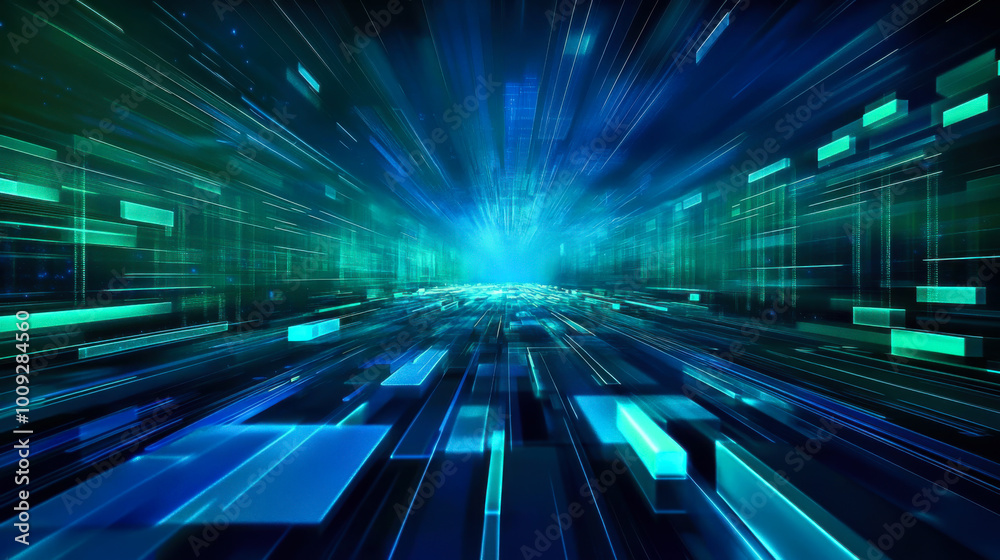 Abstract digital landscape depicting a futuristic blue and green grid moving rapidly through space and time during a nighttime scene