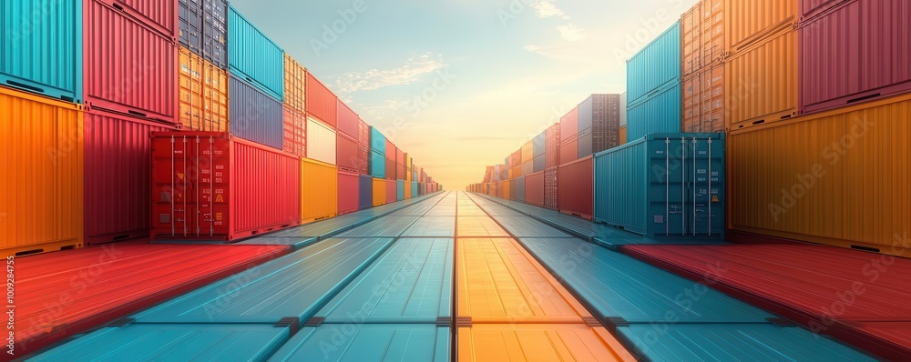 Fototapeta premium Colorful shipping containers create a vibrant path towards the horizon, symbolizing trade and logistics in a modern environment.