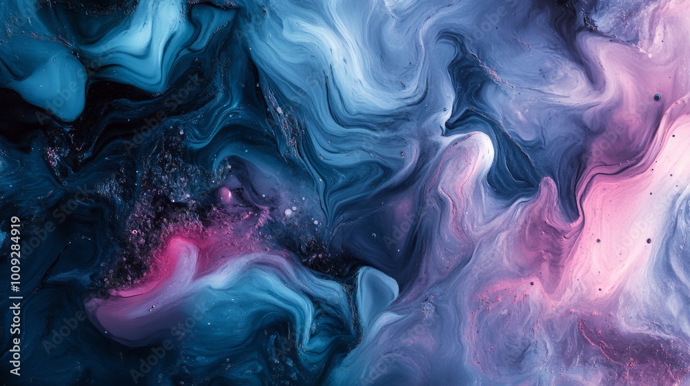 Obraz premium Abstract swirling blue, pink, and black liquid paint background texture.