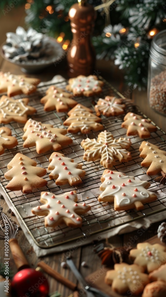 In a warm kitchen, a tray of delicious Christmas cookies cools on a rack, accompanied by baking supplies and festive decorations, creating a joyful holiday atmosphere In a warm kitchen, a tray of delicious Christmas cookies cools on a rack, accompanied by baking supplies and festive decorations, creating a joyful holiday atmosphere