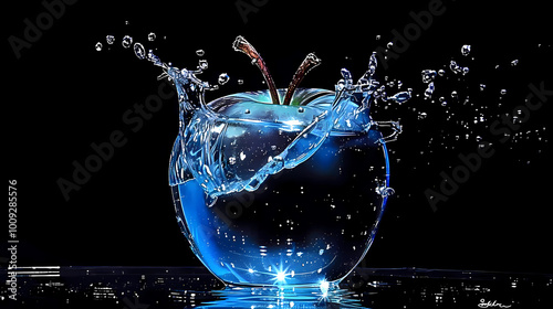 transparent apple made of glass. The apple is filled with a shimmering blue liquid that sparkles with a magical quality. photo