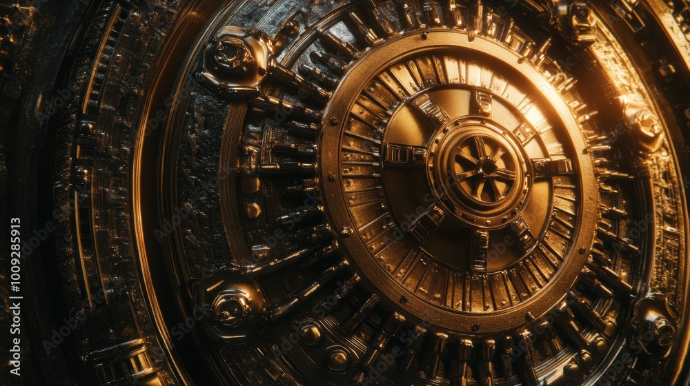 A close-up view of a golden clock mounted on a wall, perfect for decorating a room or highlighting timekeeping importance A close-up view of a golden clock mounted on a wall, perfect for decorating a room or highlighting timekeeping importance