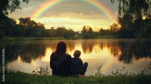 A serene scene of a mother and child by a lake, watching a rainbow at sunset.