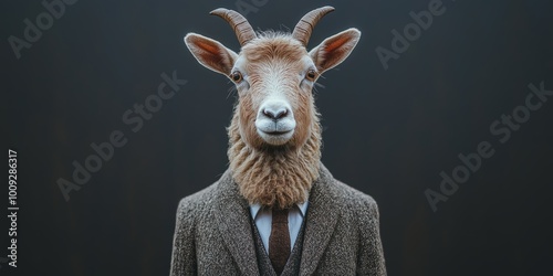 A goat dressed in a formal suit and tie, giving a humorous twist to corporate attire and leadership through anthropomorphic charm, Generative AI photo