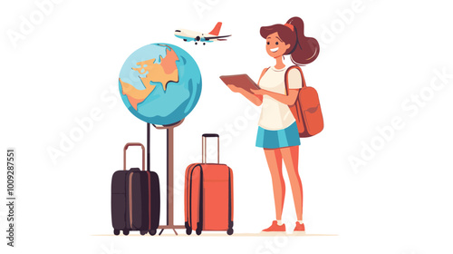 Travel agent woman. Young girl with globe and airplane, luggage. Assistant and consultant give advice for travelers and tourists. Cartoon flat vector illustration isolated on white background with sil