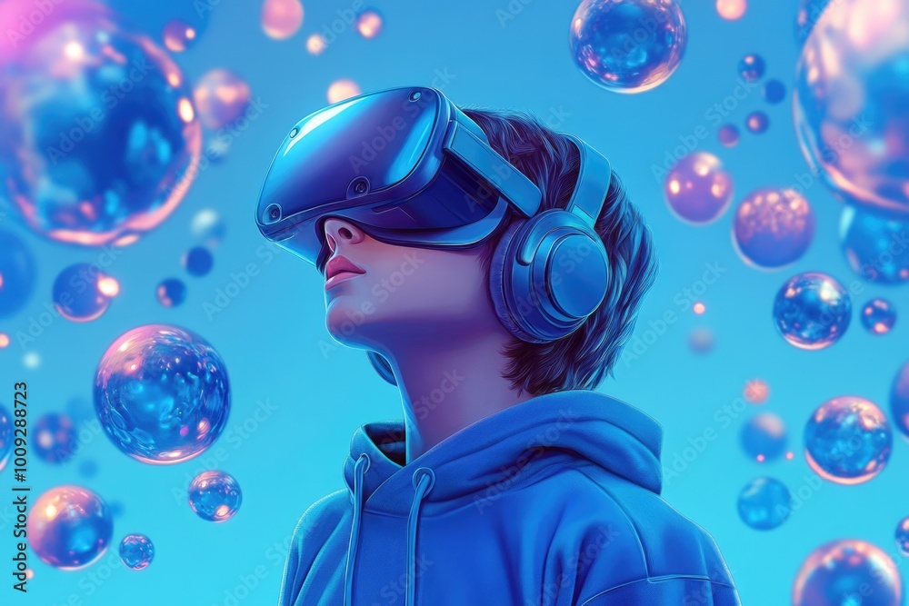 Naklejka premium A young boy wearing a virtual reality headset surrounded by colorful bubbles, perfect for technology or innovation themed projects
