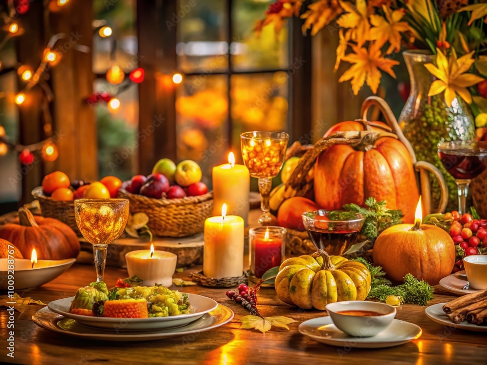 Festive Thanksgiving Table Setting with Traditional Dishes, Autumn Decor, and Warm Lighting Atmosphere Festive Thanksgiving Table Setting with Traditional Dishes, Autumn Decor, and Warm Lighting Atmosphere