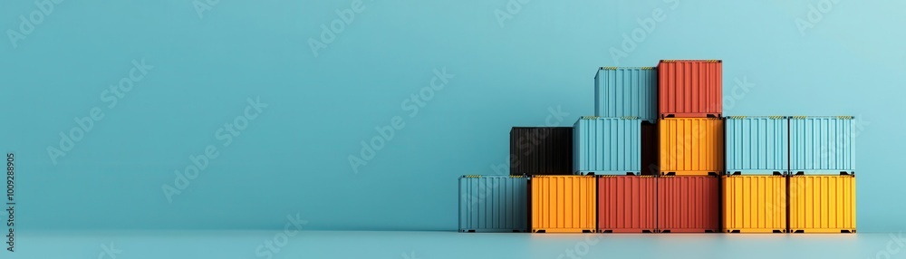 Fototapeta premium Colorful shipping containers stacked against a blue background, representing trade, logistics, and transportation.