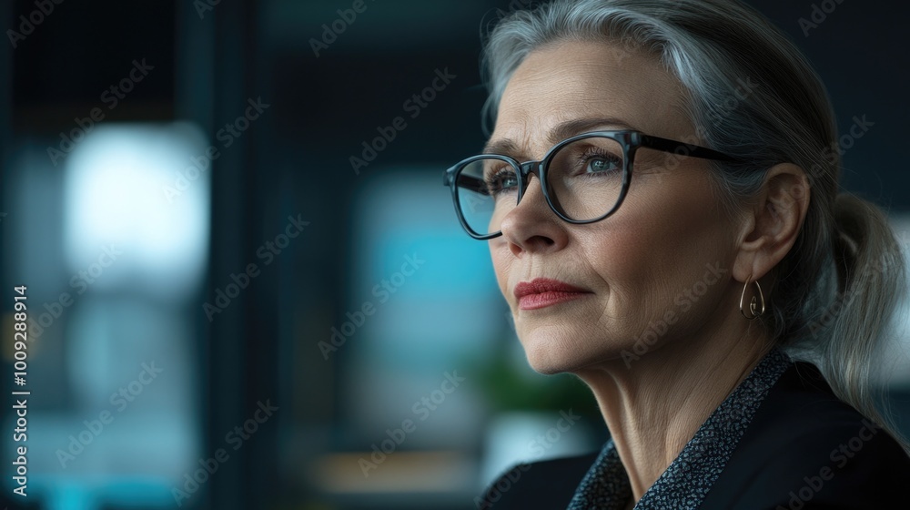 A woman wearing glasses looks off into the distance, possibly lost in thought A woman wearing glasses looks off into the distance, possibly lost in thought