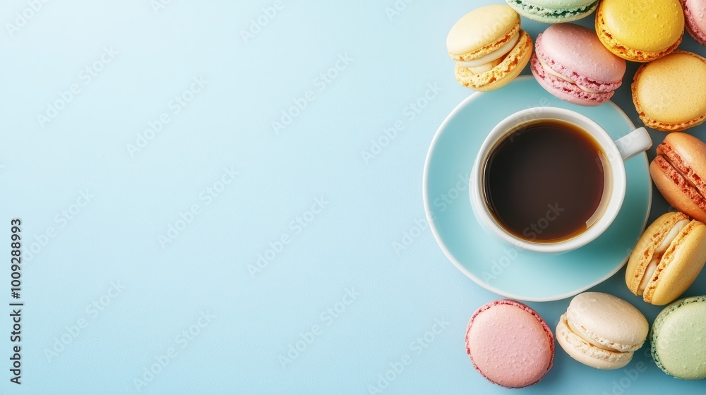 Colorful macarons and a coffee cup on a pastel blue background in a top view Cozy breakfast Fashionable flat lay with sweet treats Copy space image Place for adding text or design Colorful macarons and a coffee cup on a pastel blue background in a top view Cozy breakfast Fashionable flat lay with sweet treats Copy space image Place for adding text or design