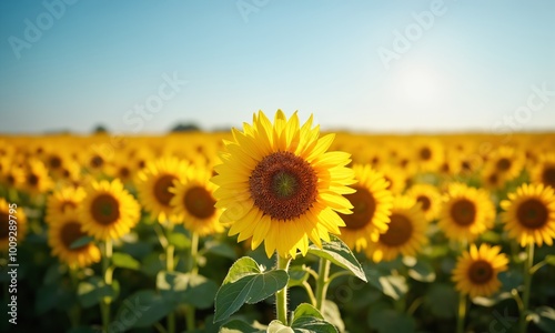 A vast sunflower field in full bloom, with the flowers all facing the sun. The bright yellow petals contrast sharply with the deep blue sky, and a gentle breeze moves through the tall stalks.