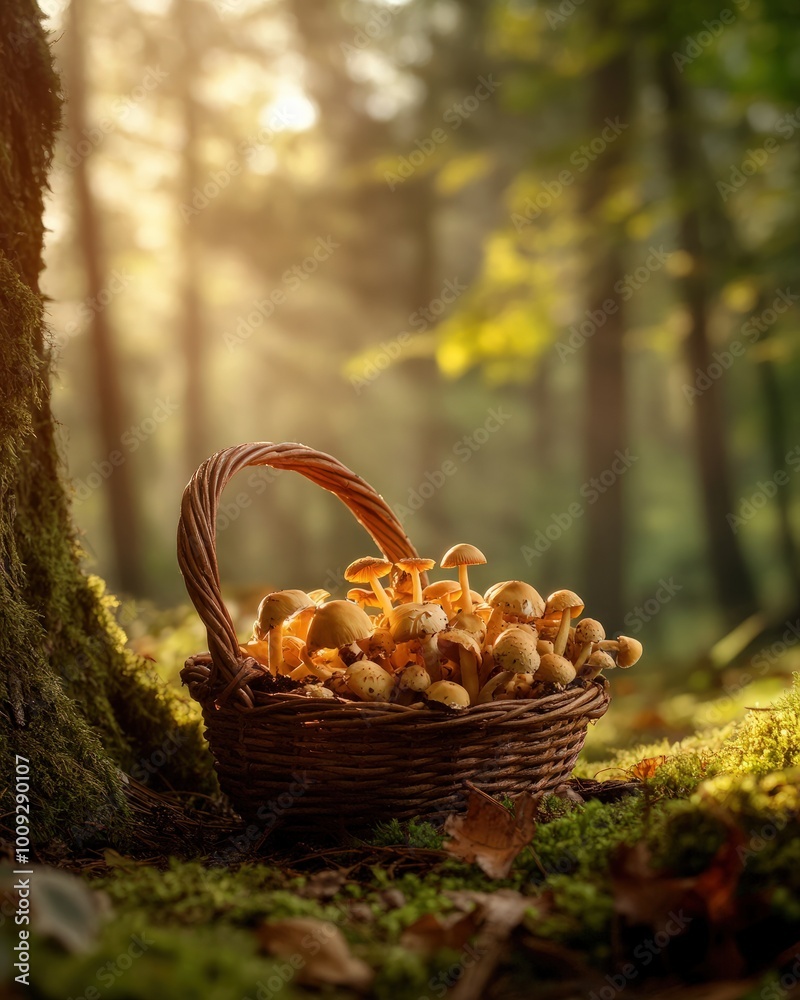 A serene mushroom foraging scene with a basket filled with freshly picked wild mushrooms, nestled in a forest setting, with the hobbyist gently picking mushrooms from the forest floor A serene mushroom foraging scene with a basket filled with freshly picked wild mushrooms, nestled in a forest setting, with the hobbyist gently picking mushrooms from the forest floor