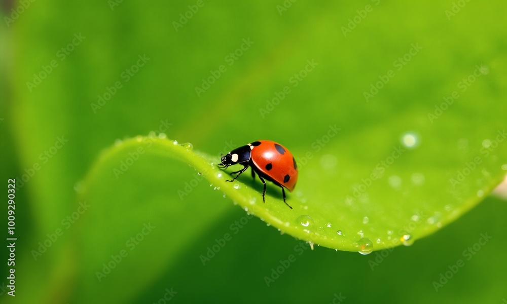 A close-up of a ladybug crawling on a vibrant green leaf, with tiny droplets of water glistening in the sunlight. A close-up of a ladybug crawling on a vibrant green leaf, with tiny droplets of water glistening in the sunlight.