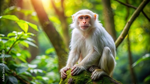 Fluffy White Monkey Sitting Peacefully on a Branch in a Lush Green Forest During Daylight Hours