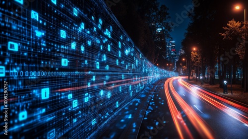 Futuristic digital highway with data streams flowing through the night, representing fast communication, technology, and modern connectivity, Generative Ai