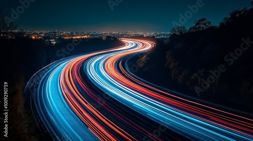 A futuristic city highway at night with glowing light streaks, capturing the speed and dynamic energy of modern urban transportation, Generative AI