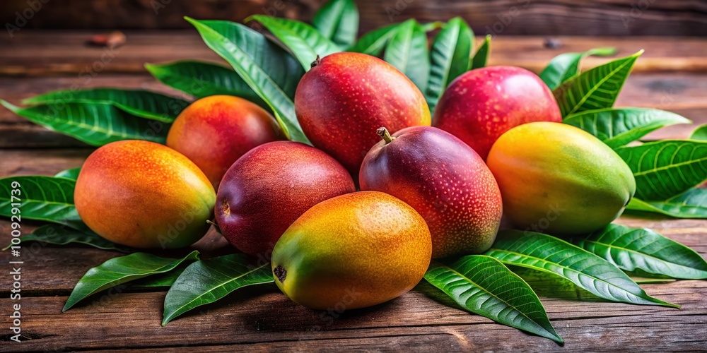 Fresh, juicy mangoes arranged on a rustic wooden table with vibrant green leaves for a tropical vibe Fresh, juicy mangoes arranged on a rustic wooden table with vibrant green leaves for a tropical vibe