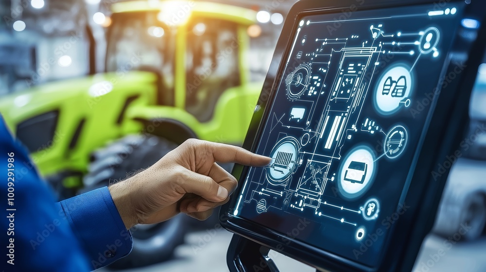 Fototapeta premium A hand interacting with a touchscreen display showing tractor controls and data, symbolizing innovation and technology in modern agriculture, Generative AI