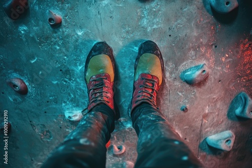 A person stands on a rock climbing wall with safety gear and determination photo