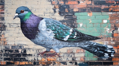 A Detailed Painting of a Pigeon on a Brick Wall