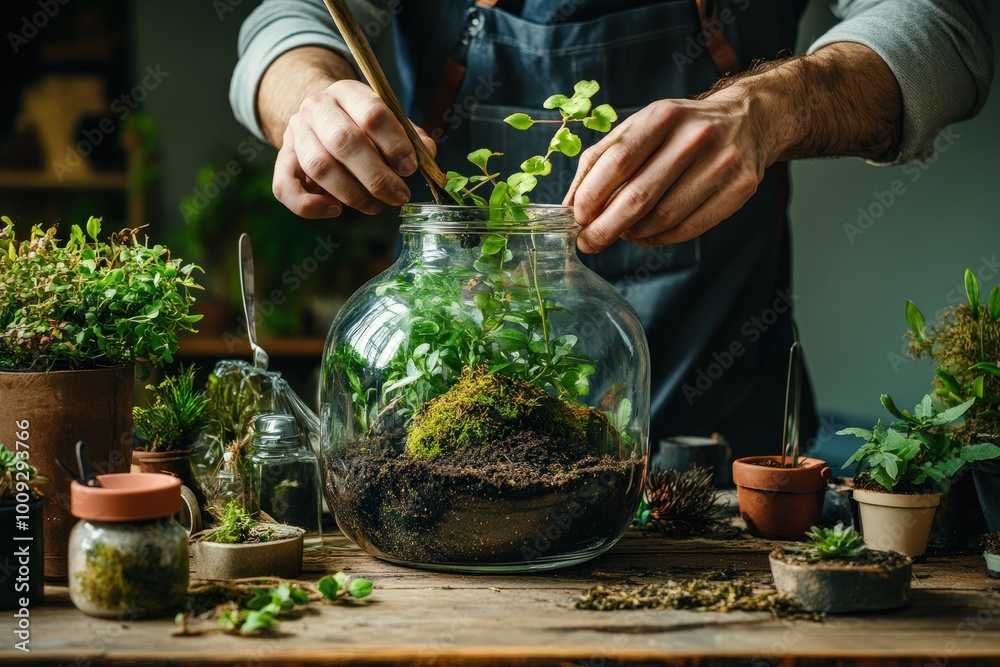 custom made wallpaper toronto digitalA hobbyist building a terrarium step by step, layering soil, moss, and small plants in a glass jar, surrounded by different plants and accessories used for this calming, creative hobby