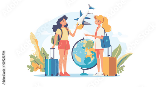 Travel agent woman. Young girl with globe and airplane, luggage. Assistant and consultant give advice for travelers and tourists. Cartoon flat vector illustration isolated on white background with sil