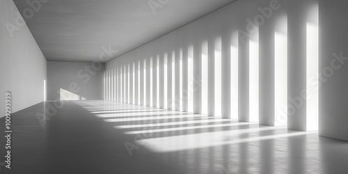 A minimalist room with long columns of light and shadows, showcasing geometric simplicity, modern design, and bright open space in a futuristic setting, Generative AI