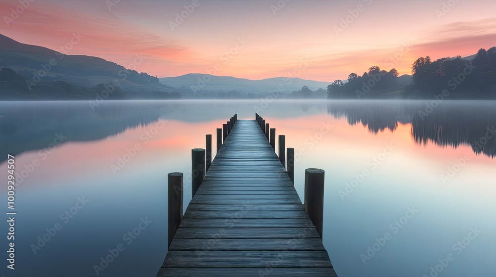 A serene lakeside view featuring a wooden pier extending into calm waters at sunrise, surrounded by misty hills. A serene lakeside view featuring a wooden pier extending into calm waters at sunrise, surrounded by misty hills.