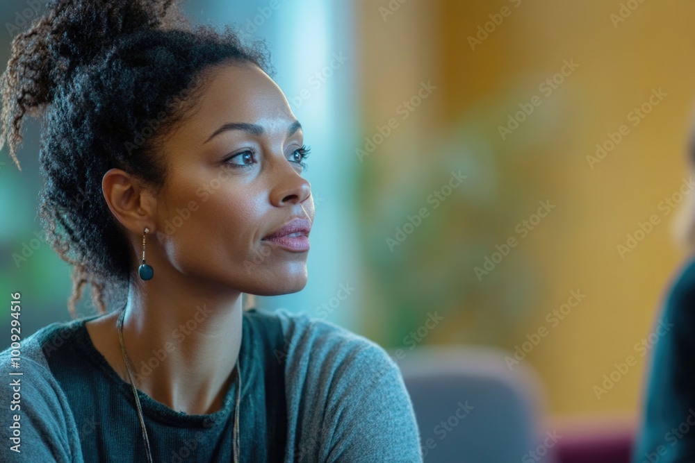 Fototapeta premium A woman sits alone in a room, with another woman visible in the background