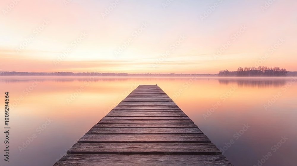 A serene wooden dock extends into a calm lake at sunrise, reflecting soft pastel colors in the water.