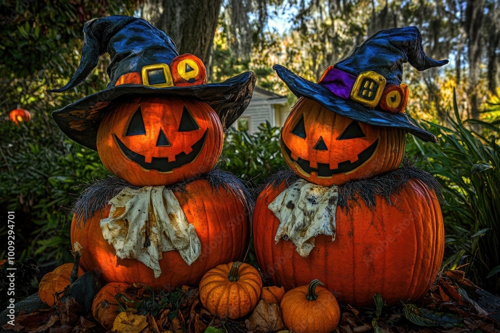 Fototapeta premium Two jack-o'-lanterns decorated with pointy hats, perfect for Halloween decorations or autumn themes