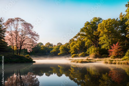 Tranquil Lakeside at Dawn with Misty Reflections and Evergreen Trees