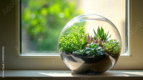 A serene, finished terrarium placed on a windowsill, with sunlight filtering through the plants inside, showing the final product of a satisfying terrarium-making hobby, ready to brighten any space