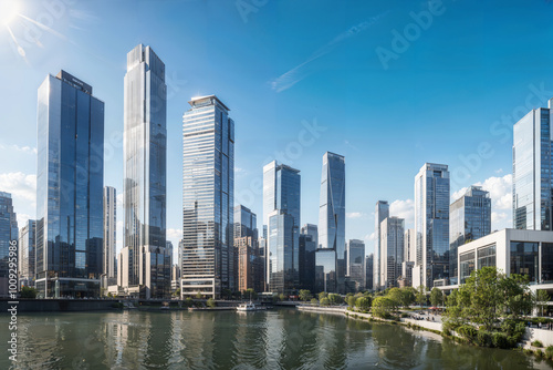 Modern Glass Skyscrapers in Futuristic City Skyline