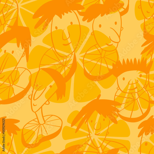 Seamless background with funny faces of anthropomorphic creatures. Humorous characters with different emotions. Lemon, lime, orange