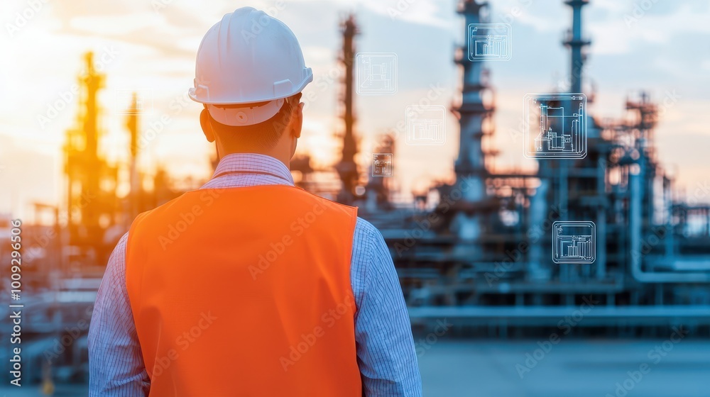 A worker in safety gear observing an industrial site at sunset with refineries in the background.