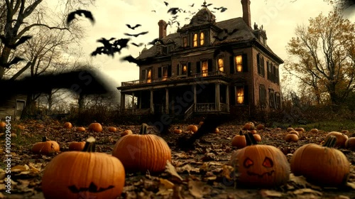 a house in salem that is haunted with pumkins around it. seamless looping time-lapse virtual 4k video animation background