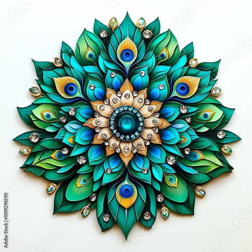 A vibrant, intricate mandala featuring turquoise and green leaves, adorned with sparkling gems and a central gem, creating a stunning visual centerpiece.